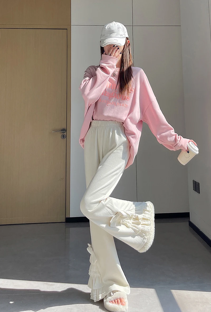 Harajuku Corduroy Flare Pants Women Japanese Cute Bow Lace Patchwork Pants Winter Streetwear Kawaii High Waist Casual Trousers
