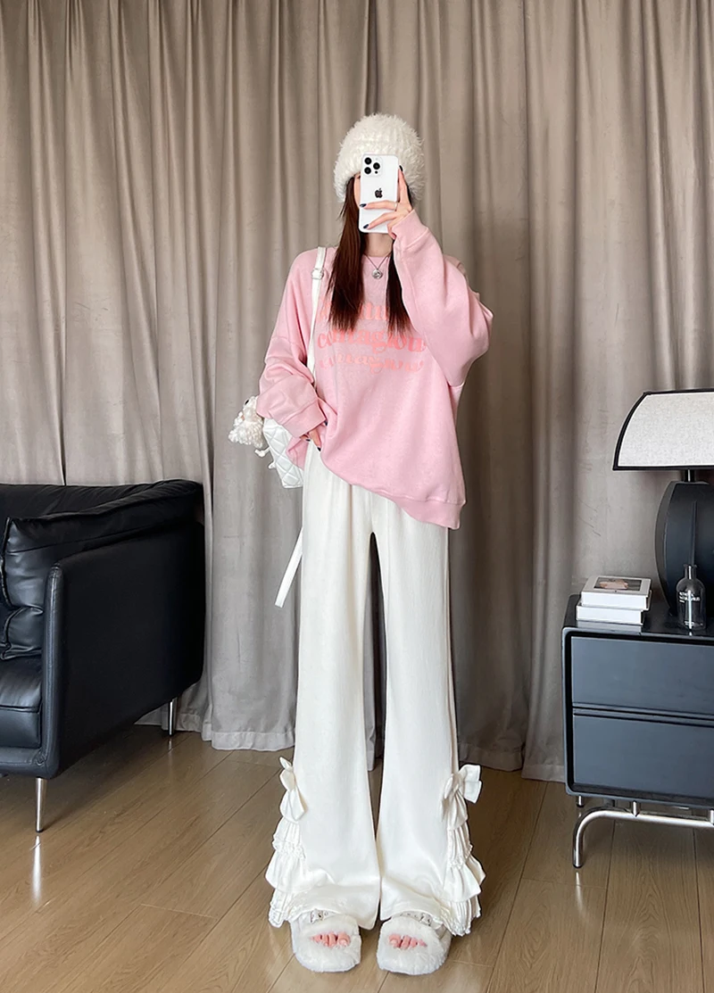 Harajuku Corduroy Flare Pants Women Japanese Cute Bow Lace Patchwork Pants Winter Streetwear Kawaii High Waist Casual Trousers