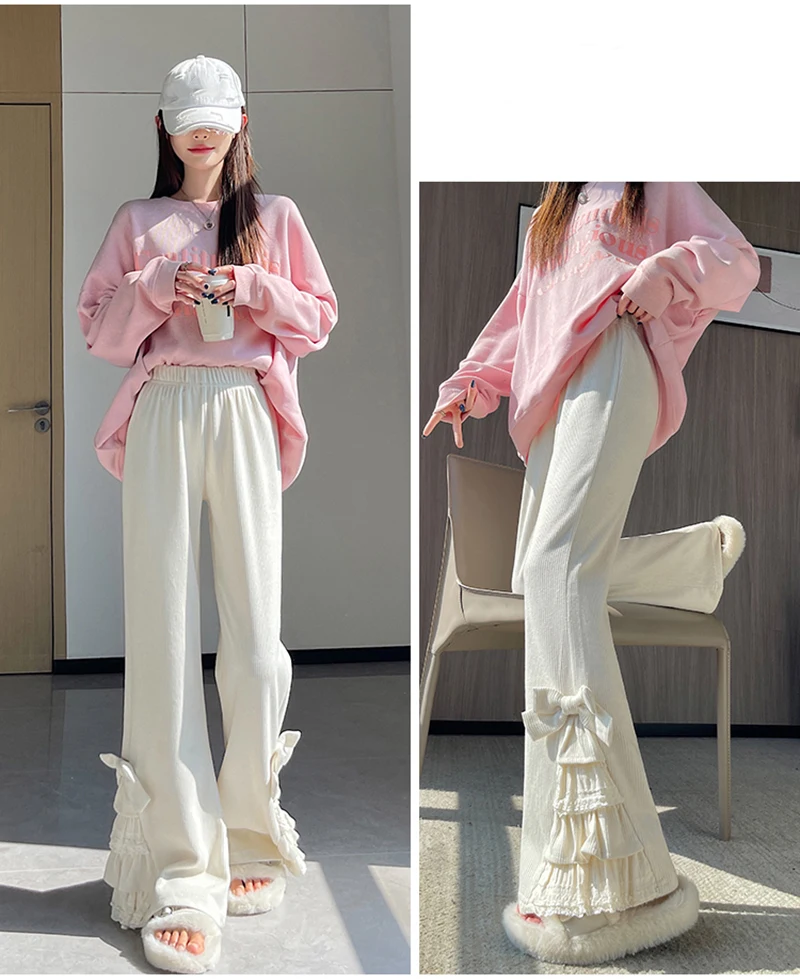 Harajuku Corduroy Flare Pants Women Japanese Cute Bow Lace Patchwork Pants Winter Streetwear Kawaii High Waist Casual Trousers