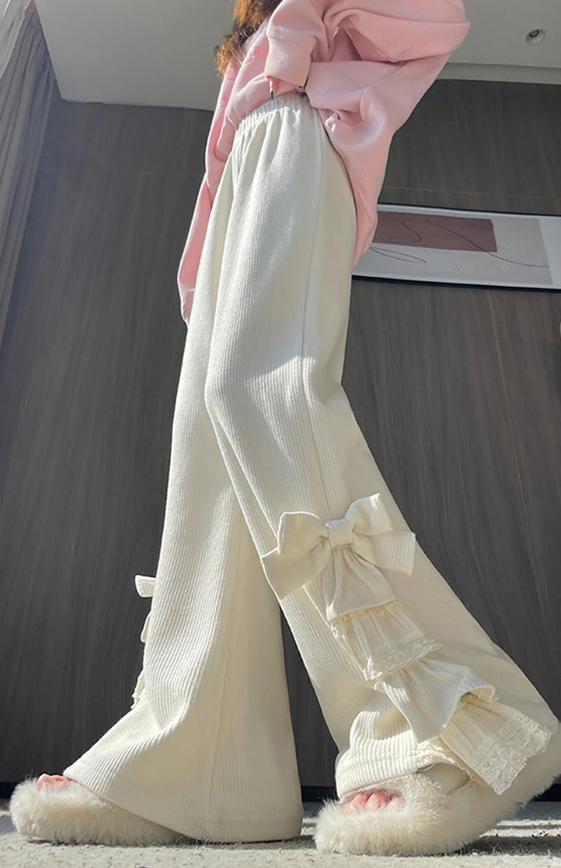 Harajuku Corduroy Flare Pants Women Japanese Cute Bow Lace Patchwork Pants Winter Streetwear Kawaii High Waist Casual Trousers
