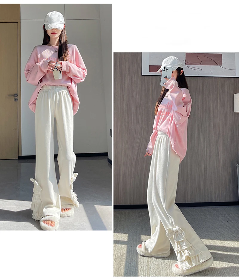 Harajuku Corduroy Flare Pants Women Japanese Cute Bow Lace Patchwork Pants Winter Streetwear Kawaii High Waist Casual Trousers
