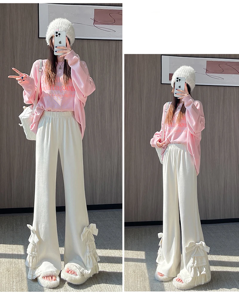 Harajuku Corduroy Flare Pants Women Japanese Cute Bow Lace Patchwork Pants Winter Streetwear Kawaii High Waist Casual Trousers