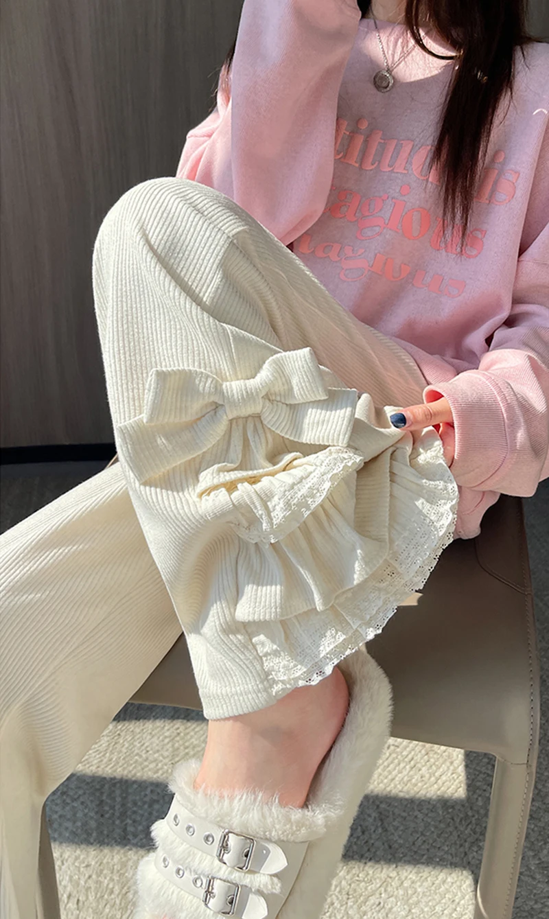 Harajuku Corduroy Flare Pants Women Japanese Cute Bow Lace Patchwork Pants Winter Streetwear Kawaii High Waist Casual Trousers