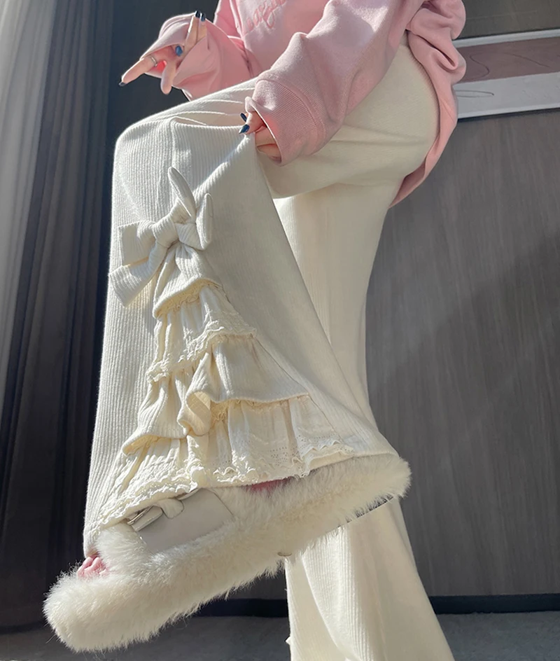 Harajuku Corduroy Flare Pants Women Japanese Cute Bow Lace Patchwork Pants Winter Streetwear Kawaii High Waist Casual Trousers