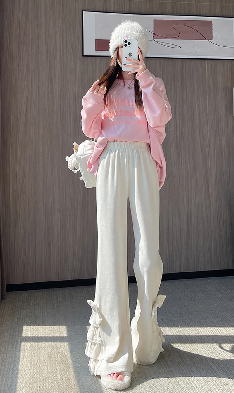 Harajuku Corduroy Flare Pants Women Japanese Cute Bow Lace Patchwork Pants Winter Streetwear Kawaii High Waist Casual Trousers