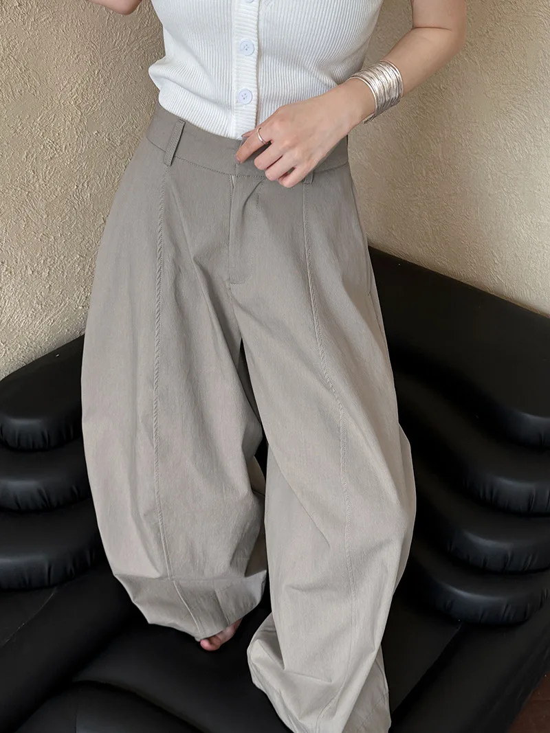 [LANMREM] American Style Vintage Wide Leg Pants For Women High Waist Solid Color Minimalism Casual Trousers 26Z1707