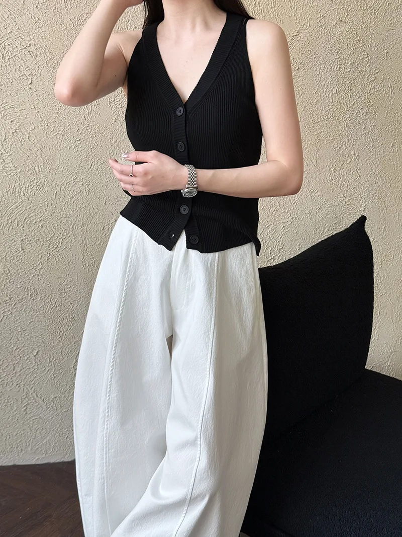 [LANMREM] American Style Vintage Wide Leg Pants For Women High Waist Solid Color Minimalism Casual Trousers 26Z1707