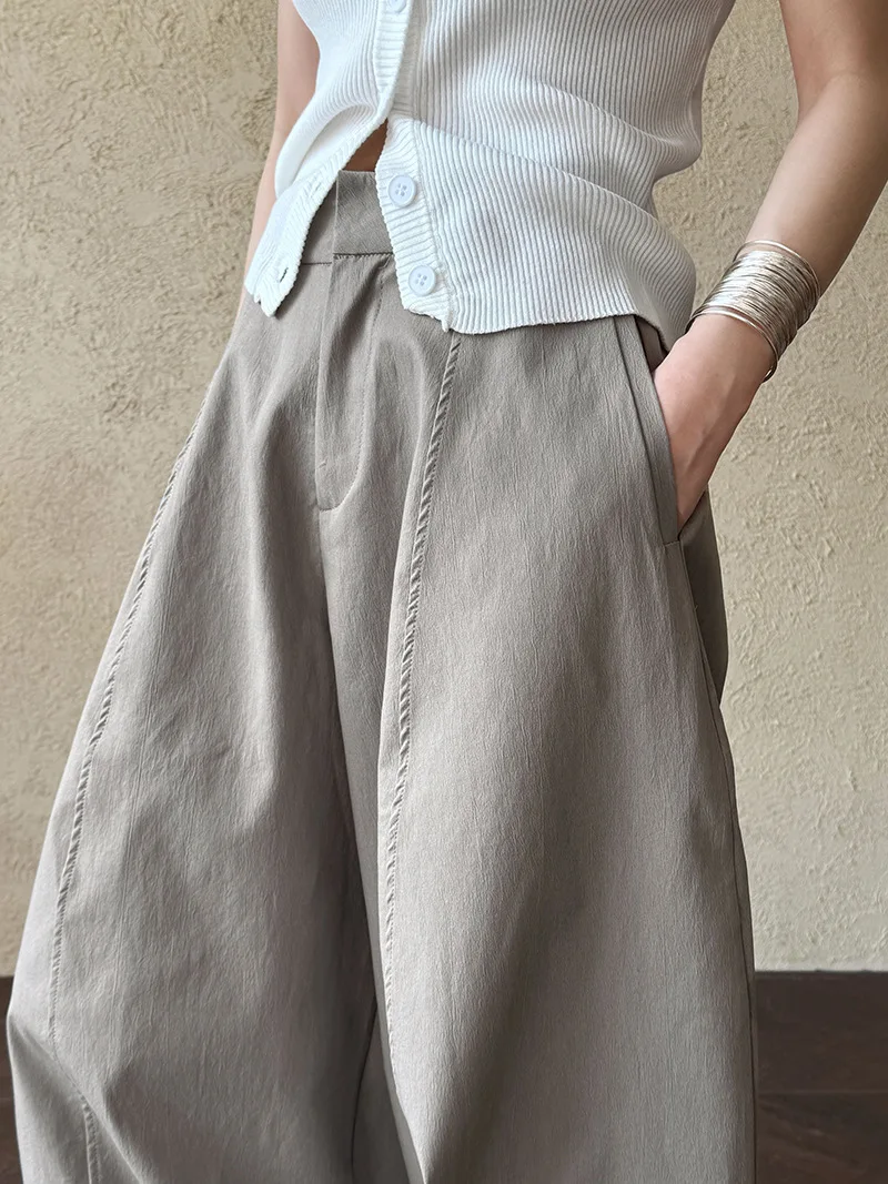 [LANMREM] American Style Vintage Wide Leg Pants For Women High Waist Solid Color Minimalism Casual Trousers 26Z1707