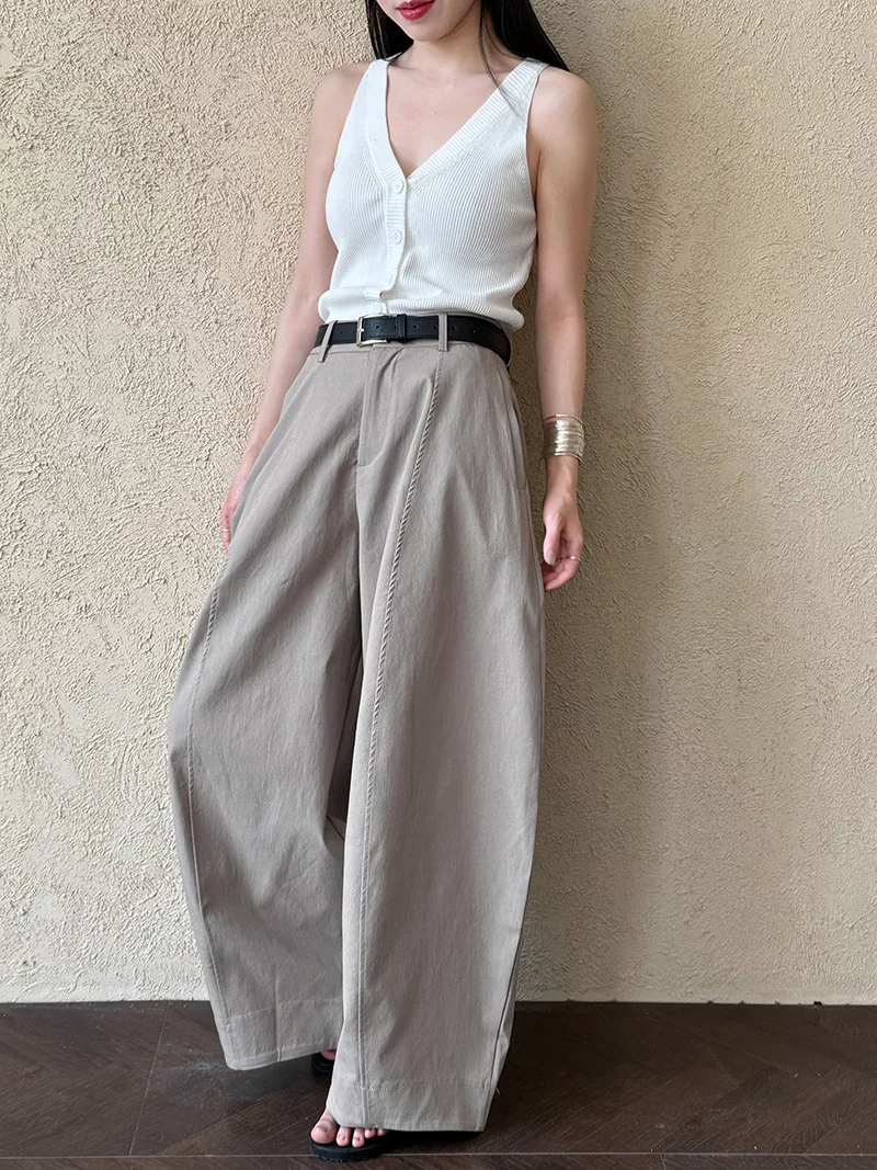 [LANMREM] American Style Vintage Wide Leg Pants For Women High Waist Solid Color Minimalism Casual Trousers 26Z1707