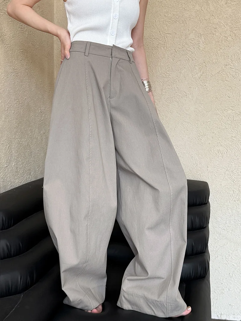 [LANMREM] American Style Vintage Wide Leg Pants For Women High Waist Solid Color Minimalism Casual Trousers 26Z1707