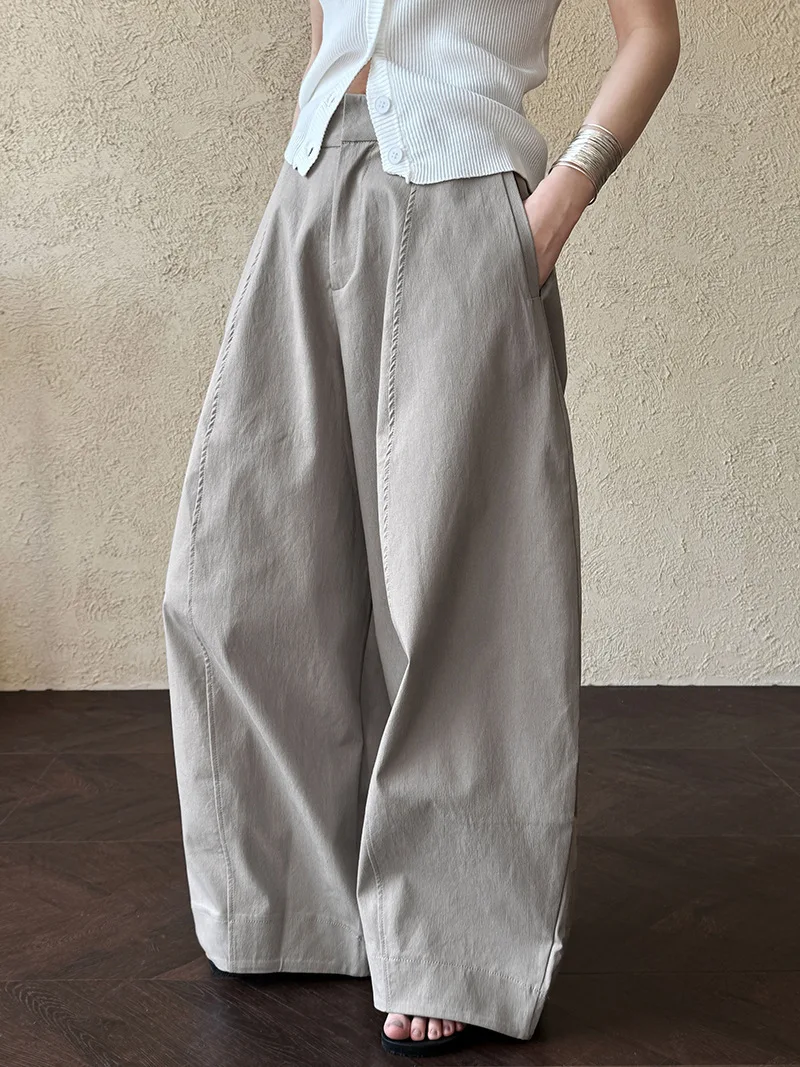 [LANMREM] American Style Vintage Wide Leg Pants For Women High Waist Solid Color Minimalism Casual Trousers 26Z1707