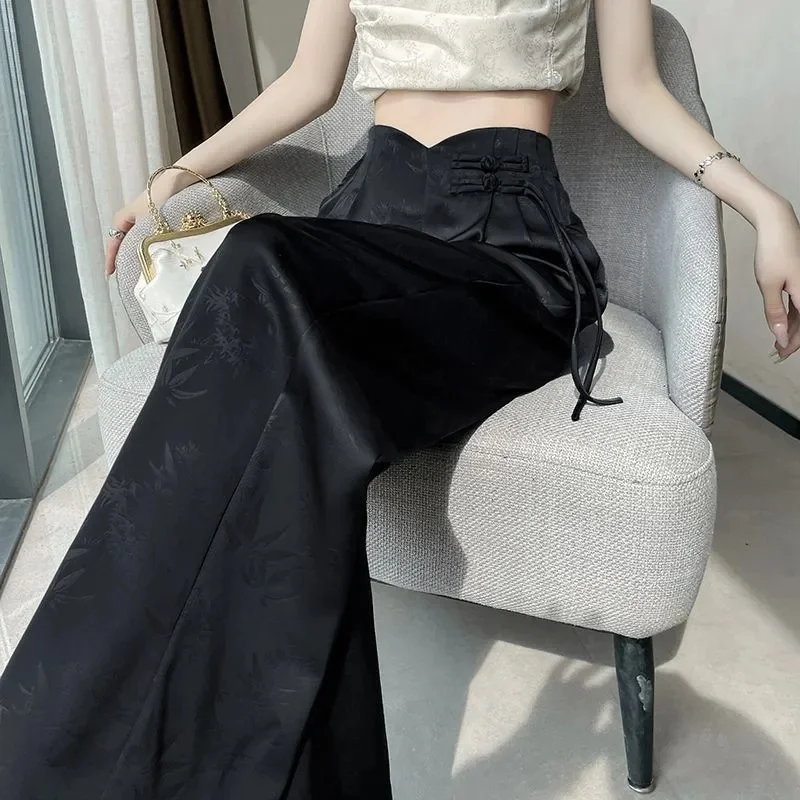 Lady Fashion Jacquard Straight-leg Trousers Spring Summer Female Leisure Wide Leg Pants 2025 Women High Waist Loose Pantalons 