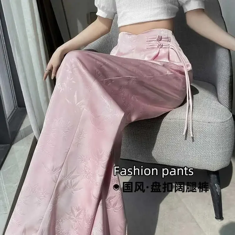 Lady Fashion Jacquard Straight-leg Trousers Spring Summer Female Leisure Wide Leg Pants 2025 Women High Waist Loose Pantalons 