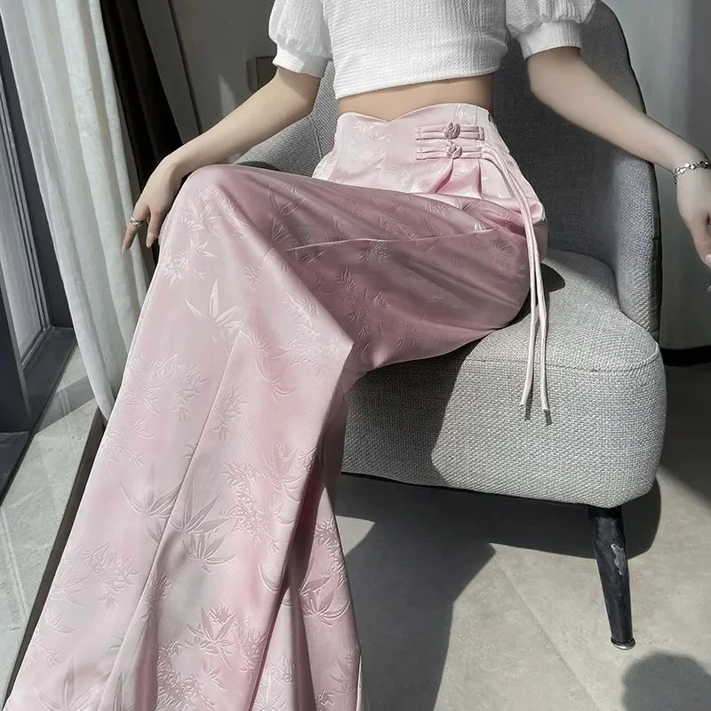 Lady Fashion Jacquard Straight-leg Trousers Spring Summer Female Leisure Wide Leg Pants 2025 Women High Waist Loose Pantalons 