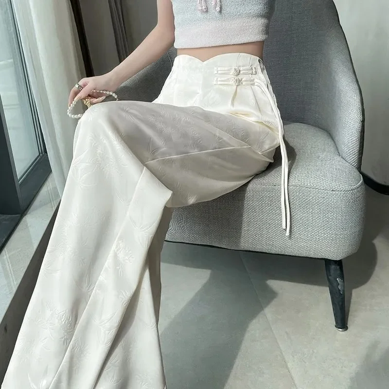 Lady Fashion Jacquard Straight-leg Trousers Spring Summer Female Leisure Wide Leg Pants 2025 Women High Waist Loose Pantalons 