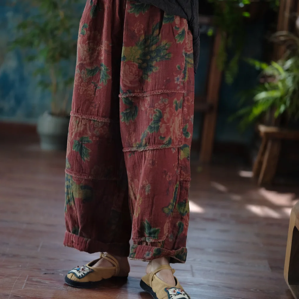 Johnature Women Vintage Print Floral Red Wide Leg Pants Elastic Waist Loose Cotton Trousers 2025 Autumn New Chinese Style Pants