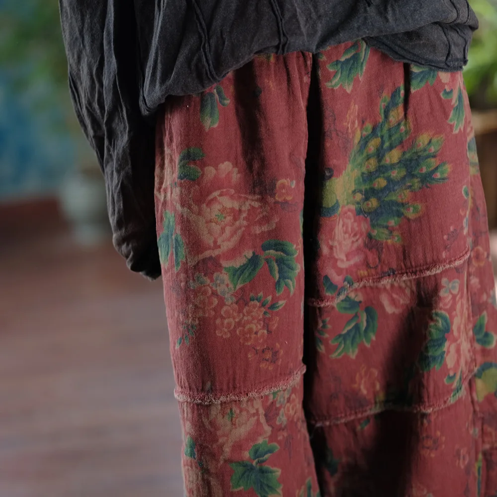 Johnature Women Vintage Print Floral Red Wide Leg Pants Elastic Waist Loose Cotton Trousers 2025 Autumn New Chinese Style Pants