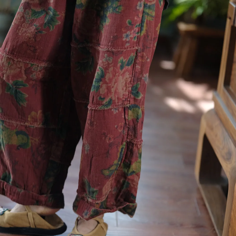 Johnature Women Vintage Print Floral Red Wide Leg Pants Elastic Waist Loose Cotton Trousers 2025 Autumn New Chinese Style Pants