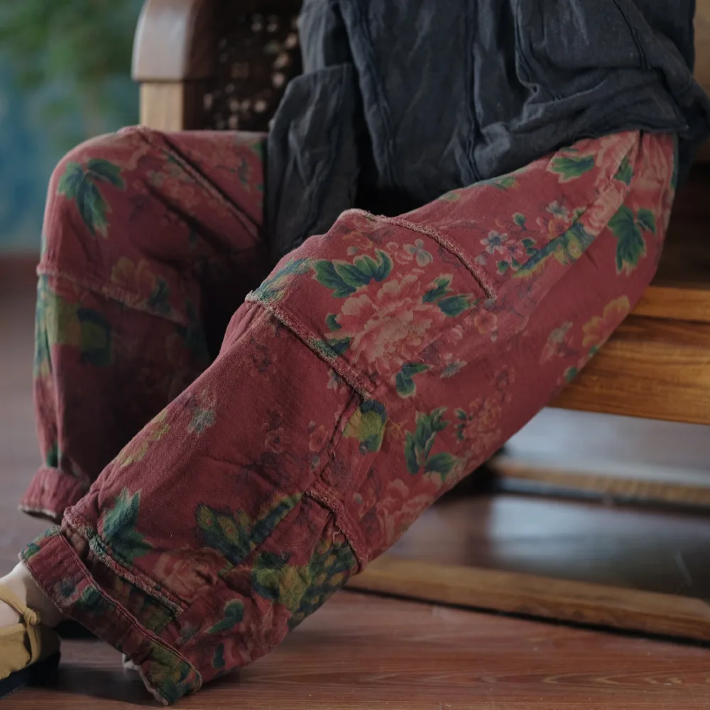 Johnature Women Vintage Print Floral Red Wide Leg Pants Elastic Waist Loose Cotton Trousers 2025 Autumn New Chinese Style Pants