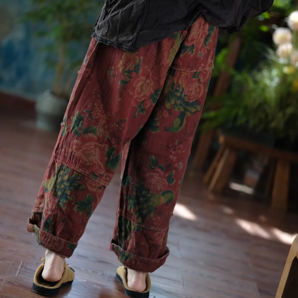 Johnature Women Vintage Print Floral Red Wide Leg Pants Elastic Waist Loose Cotton Trousers 2025 Autumn New Chinese Style Pants