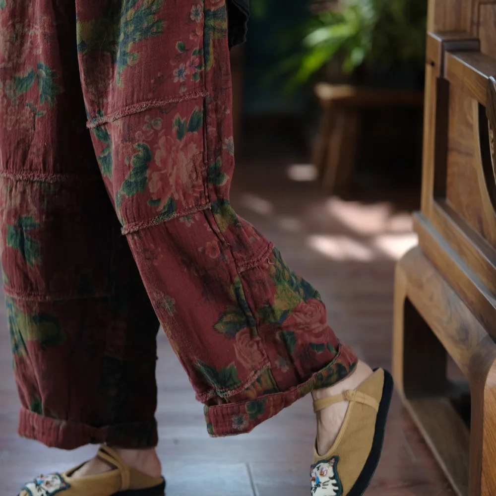 Johnature Women Vintage Print Floral Red Wide Leg Pants Elastic Waist Loose Cotton Trousers 2025 Autumn New Chinese Style Pants