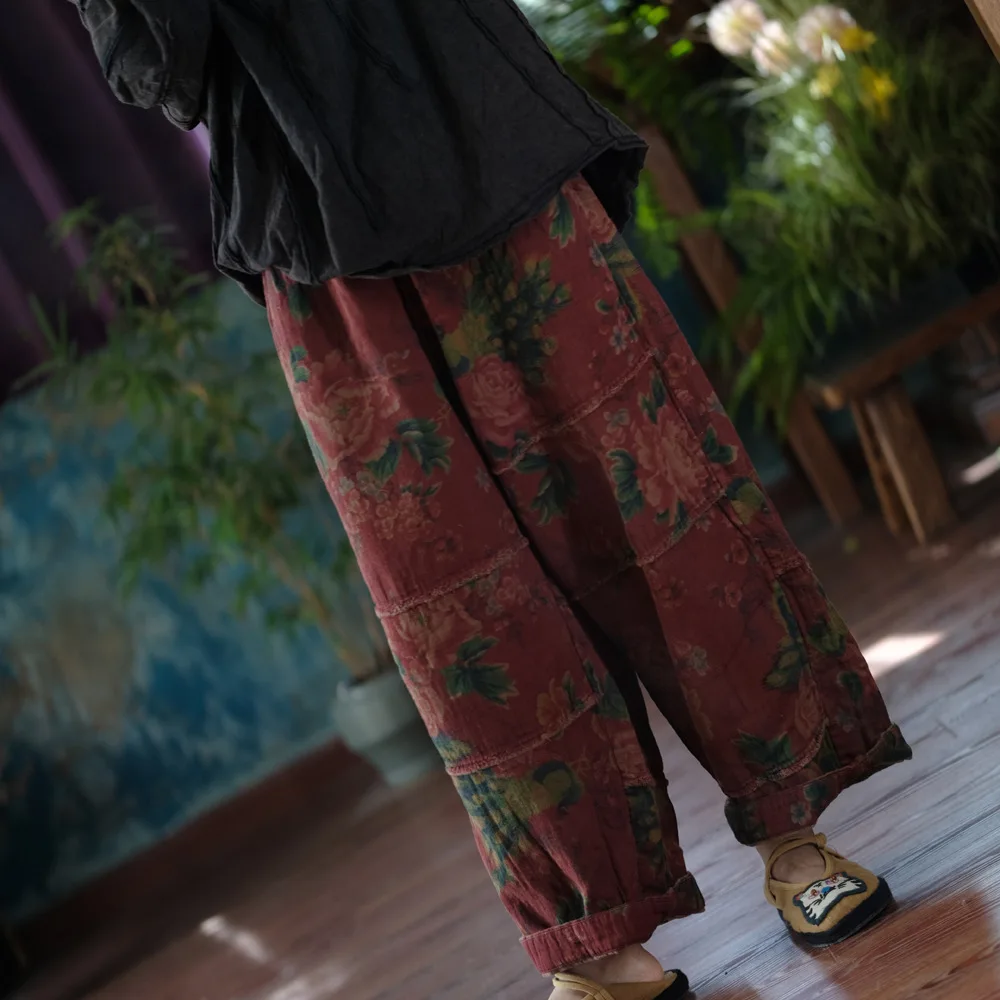 Johnature Women Vintage Print Floral Red Wide Leg Pants Elastic Waist Loose Cotton Trousers 2025 Autumn New Chinese Style Pants