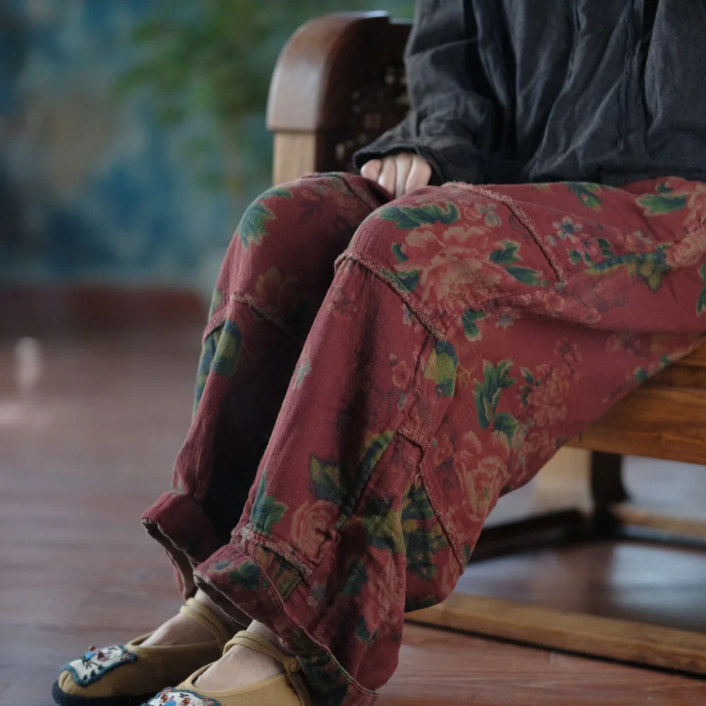 Johnature Women Vintage Print Floral Red Wide Leg Pants Elastic Waist Loose Cotton Trousers 2025 Autumn New Chinese Style Pants