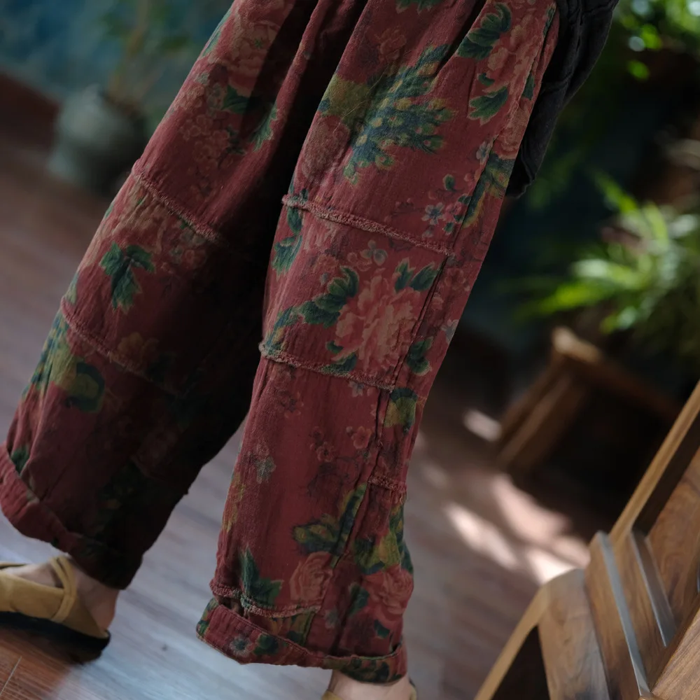 Johnature Women Vintage Print Floral Red Wide Leg Pants Elastic Waist Loose Cotton Trousers 2025 Autumn New Chinese Style Pants