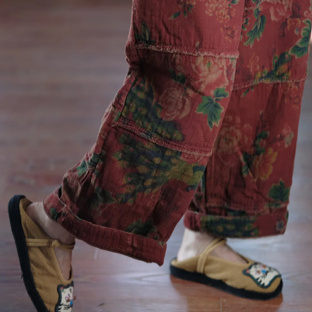 Johnature Women Vintage Print Floral Red Wide Leg Pants Elastic Waist Loose Cotton Trousers 2025 Autumn New Chinese Style Pants