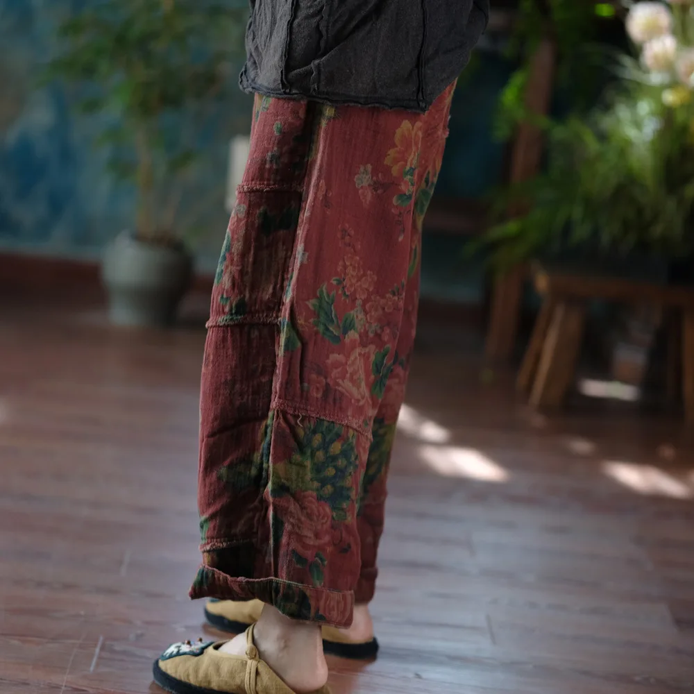 Johnature Women Vintage Print Floral Red Wide Leg Pants Elastic Waist Loose Cotton Trousers 2025 Autumn New Chinese Style Pants