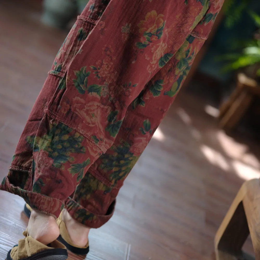 Johnature Women Vintage Print Floral Red Wide Leg Pants Elastic Waist Loose Cotton Trousers 2025 Autumn New Chinese Style Pants