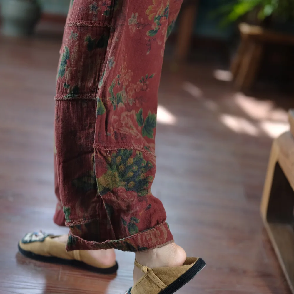 Johnature Women Vintage Print Floral Red Wide Leg Pants Elastic Waist Loose Cotton Trousers 2025 Autumn New Chinese Style Pants