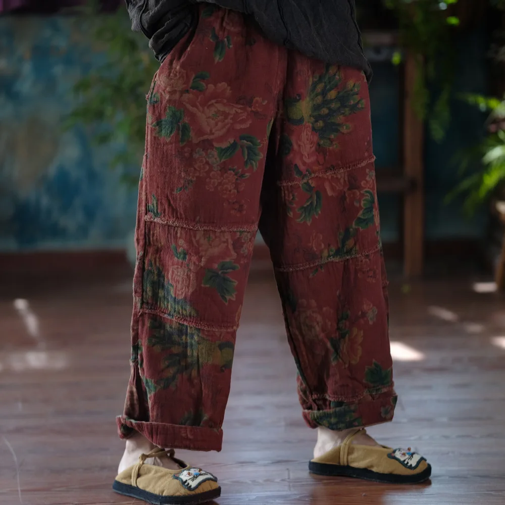 Johnature Women Vintage Print Floral Red Wide Leg Pants Elastic Waist Loose Cotton Trousers 2025 Autumn New Chinese Style Pants