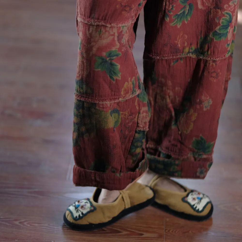 Johnature Women Vintage Print Floral Red Wide Leg Pants Elastic Waist Loose Cotton Trousers 2025 Autumn New Chinese Style Pants