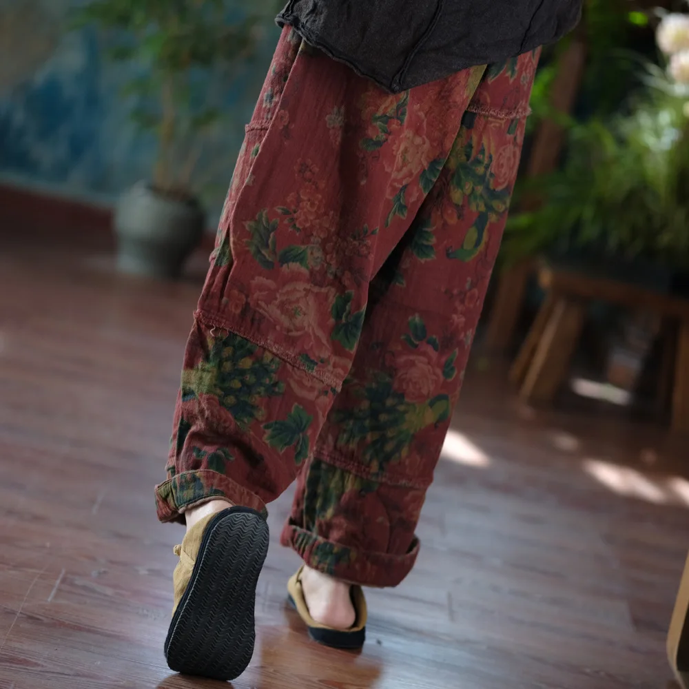 Johnature Women Vintage Print Floral Red Wide Leg Pants Elastic Waist Loose Cotton Trousers 2025 Autumn New Chinese Style Pants