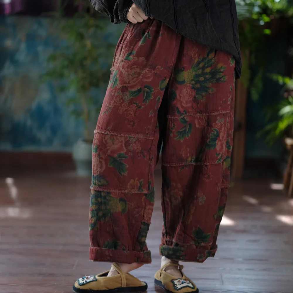 Johnature Women Vintage Print Floral Red Wide Leg Pants Elastic Waist Loose Cotton Trousers 2025 Autumn New Chinese Style Pants