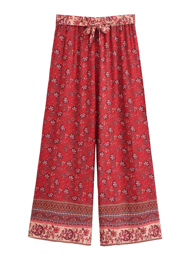 Vintage Chic Women Red Floral Bohemian Wide Leg Pants Lady Elastic Waist Loose Vacation Boho Long Pants Oversize Trousers