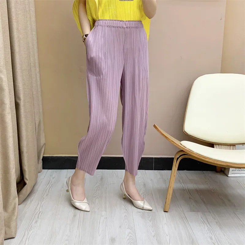 Pleated Women's Radish Pants Miyake 2025 New Summer Casual Large Size Stretch Draped Straight Wide Leg Pants Thin Comfortable