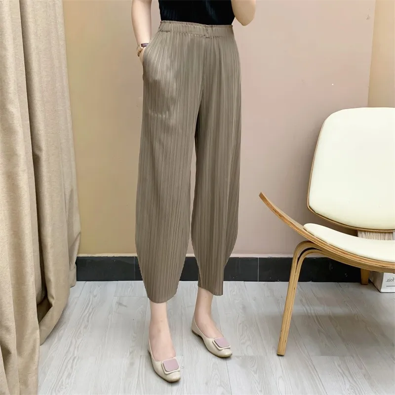 Pleated Women's Radish Pants Miyake 2025 New Summer Casual Large Size Stretch Draped Straight Wide Leg Pants Thin Comfortable