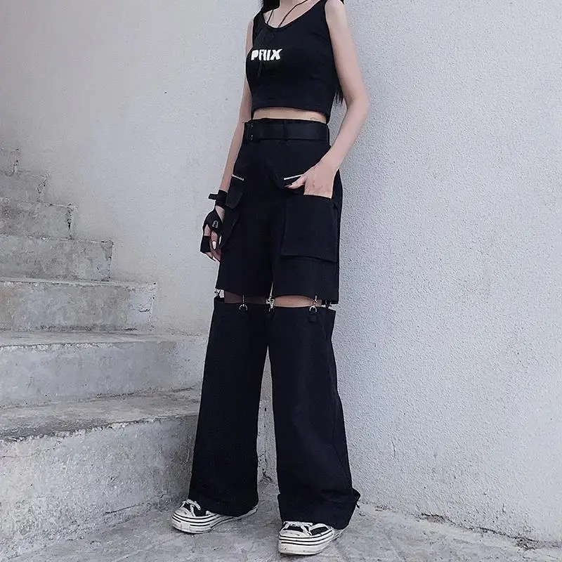 New Fashion Black Pants Women 2025 Detachable Casual Korean Cargo Wide Leg Pant Woman