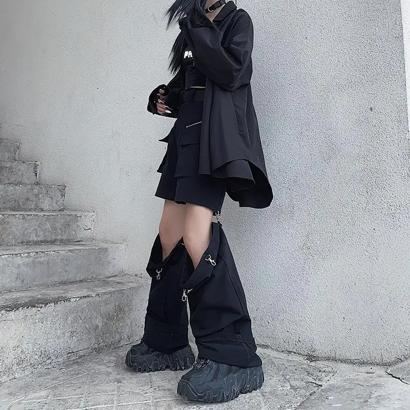 New Fashion Black Pants Women 2025 Detachable Casual Korean Cargo Wide Leg Pant Woman