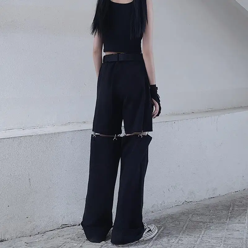 New Fashion Black Pants Women 2025 Detachable Casual Korean Cargo Wide Leg Pant Woman