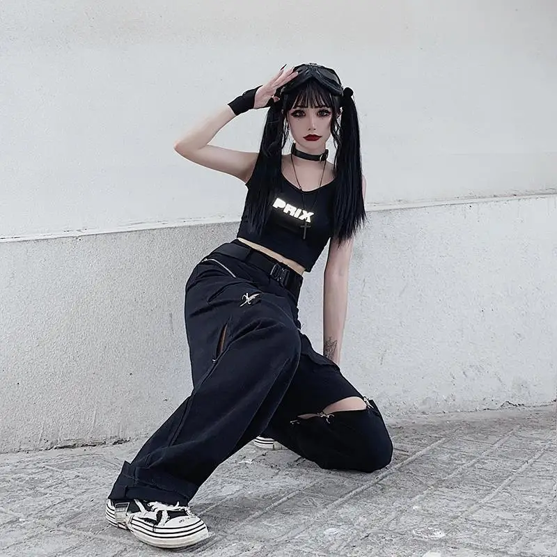 New Fashion Black Pants Women 2025 Detachable Casual Korean Cargo Wide Leg Pant Woman