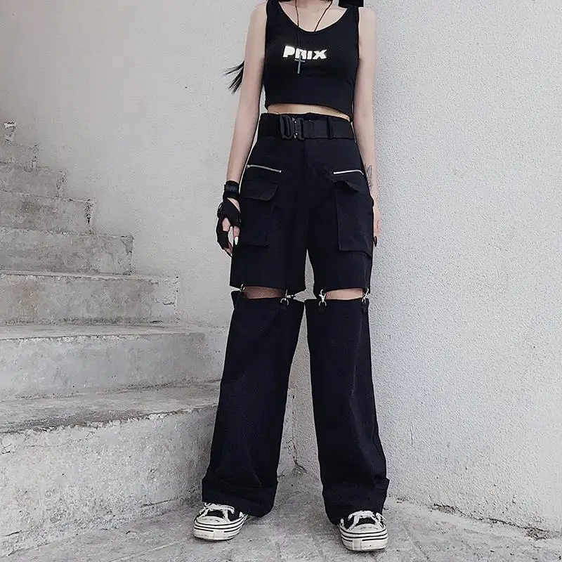 New Fashion Black Pants Women 2025 Detachable Casual Korean Cargo Wide Leg Pant Woman