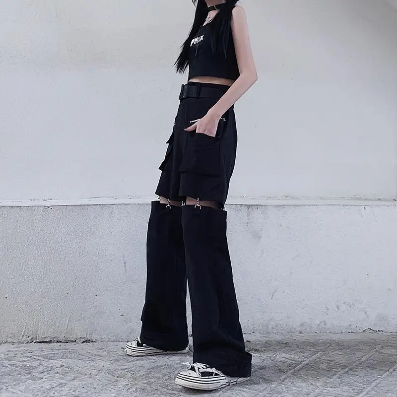 New Fashion Black Pants Women 2025 Detachable Casual Korean Cargo Wide Leg Pant Woman