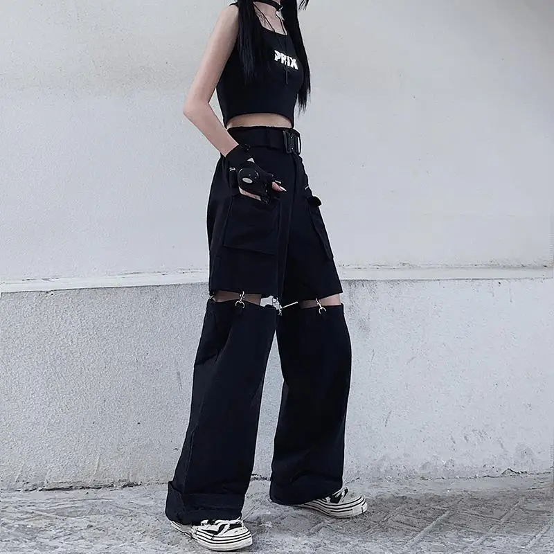 New Fashion Black Pants Women 2025 Detachable Casual Korean Cargo Wide Leg Pant Woman