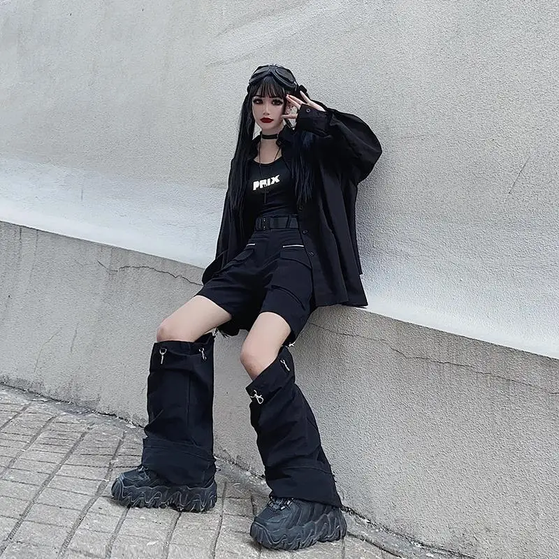 New Fashion Black Pants Women 2025 Detachable Casual Korean Cargo Wide Leg Pant Woman