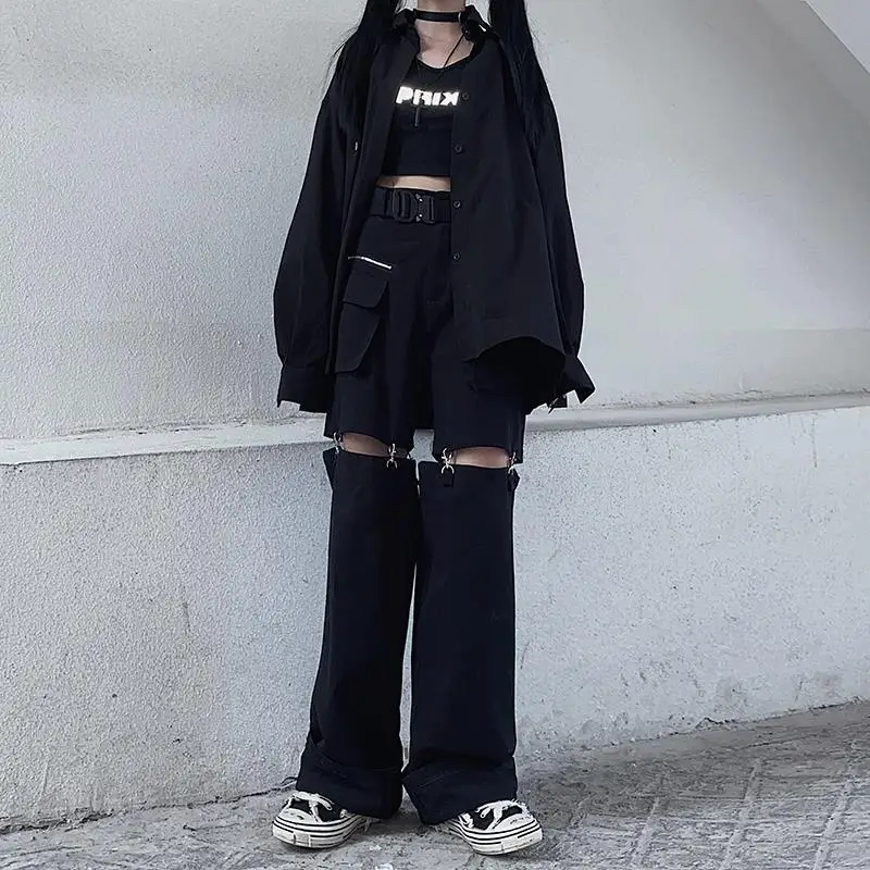 New Fashion Black Pants Women 2025 Detachable Casual Korean Cargo Wide Leg Pant Woman