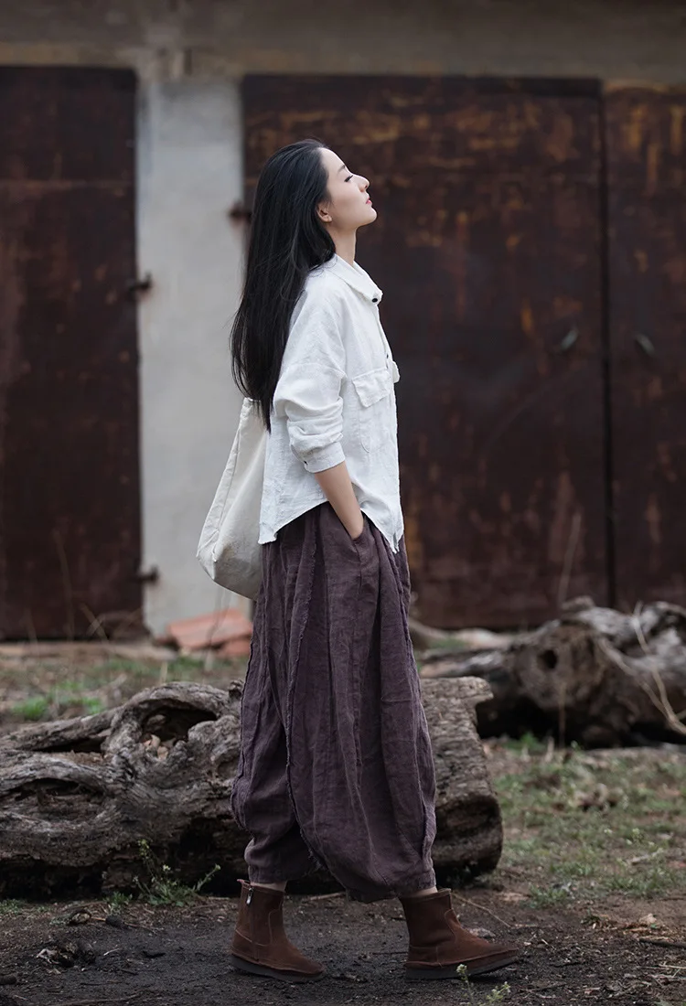 Johnature Women Vintage Ramie Wide Leg Pants Solid Color Elastic Waist Trouser 2025 New Spring Patchwork Women Pants