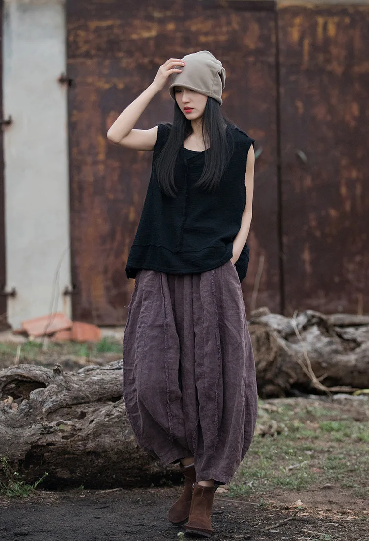 Johnature Women Vintage Ramie Wide Leg Pants Solid Color Elastic Waist Trouser 2025 New Spring Patchwork Women Pants